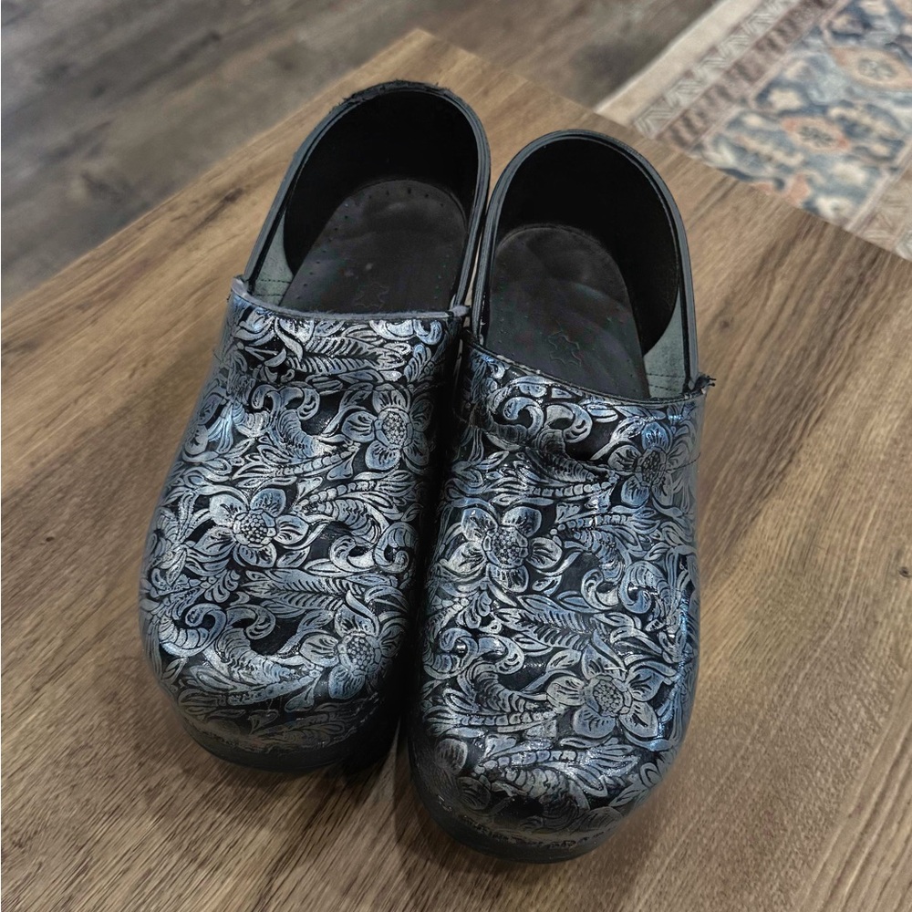 Dansko Black and Silver Patterned Clogs